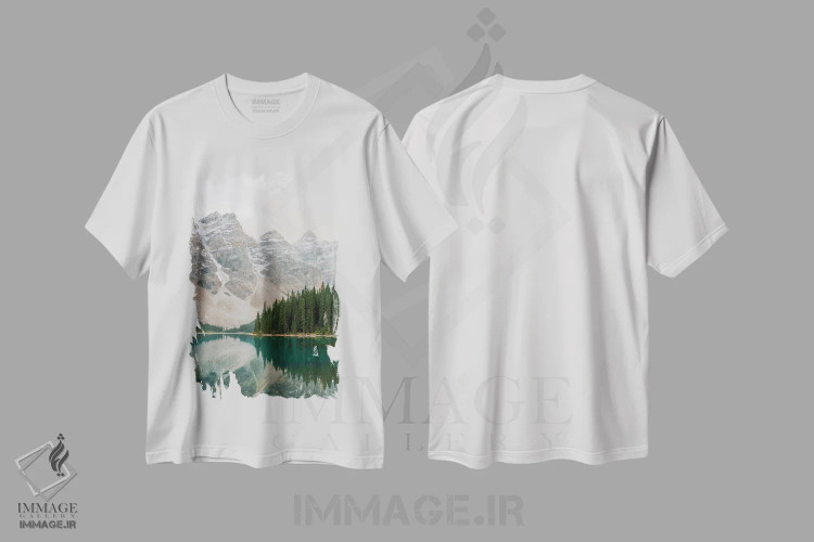 تیشرت سفید طرح دار بازتاب دریاچه فیروزه ای، مدیوم اثر جاستین میلتون | فروشگاه ایماژ