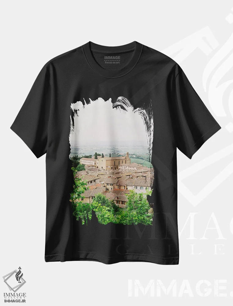 تیشرت مشکی طرح دار تپه های حومه ایتالیا، مدیوم اثر جاستین میلتون | فروشگاه ایماژ