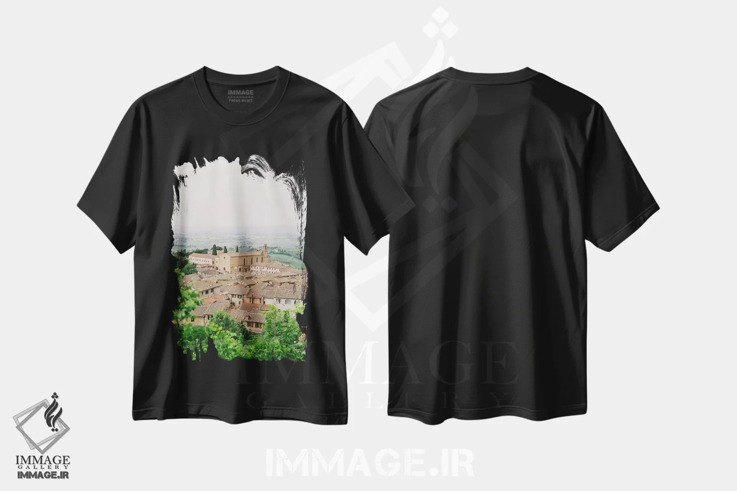تیشرت مشکی طرح دار تپه های حومه ایتالیا، مدیوم اثر جاستین میلتون | فروشگاه ایماژ