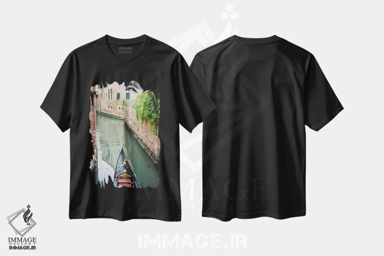 تیشرت مشکی طرح دار گوندولاها در ونیز، مدیوم اثر جاستین میلتون | فروشگاه ایماژ
