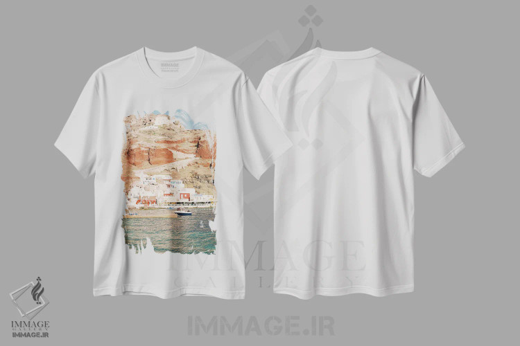 تیشرت سفید طرح دار جزایر یونان، مدیوم اثر جاستین میلتون | فروشگاه ایماژ