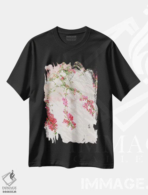 تیشرت مشکی طرح دار شاخه های گل کاغذی، مدیوم اثر جاستین میلتون | فروشگاه ایماژ