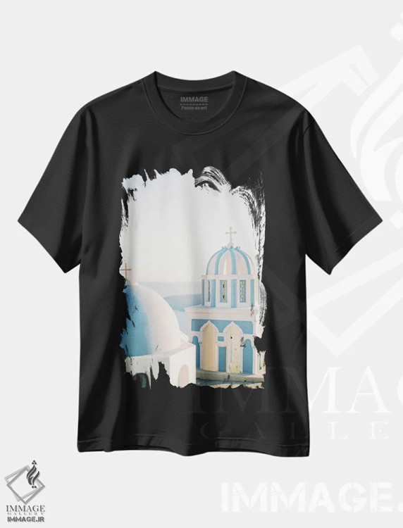 تیشرت مشکی طرح دار کلیسای سانتورینی، مدیوم اثر جاستین میلتون | immage.ir