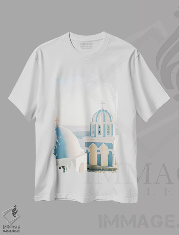 تیشرت سفید طرح دار کلیسای سانتورینی، مدیوم اثر جاستین میلتون | فروشگاه ایماژ