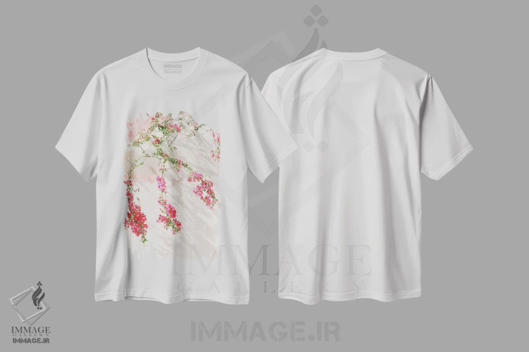 تیشرت سفید طرح دار شاخه های گل کاغذی، مدیوم اثر جاستین میلتون | immage.ir