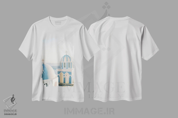 تیشرت سفید طرح دار کلیسای سانتورینی، مدیوم اثر جاستین میلتون | فروشگاه ایماژ