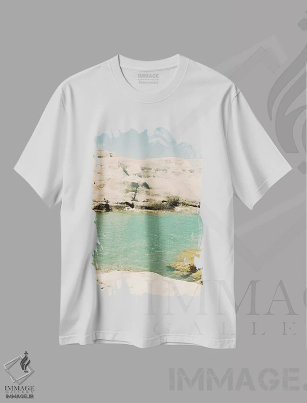 تیشرت سفید طرح دار Milos,جزیره ی یونانی، میلوس، مدیوم اثر جاستین میلتون | فروشگاه ایماژ