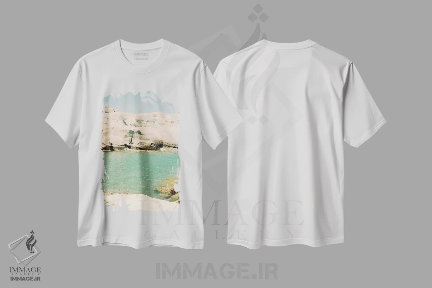 تیشرت سفید طرح دار Milos,جزیره ی یونانی، میلوس، مدیوم اثر جاستین میلتون | فروشگاه ایماژ