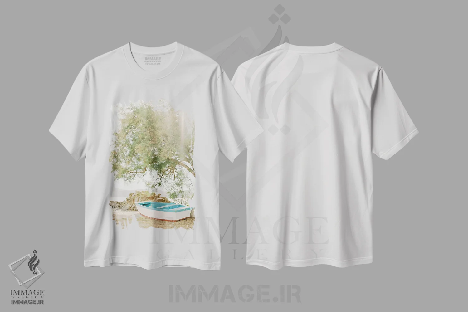تیشرت سفید طرح دار فرار به جزیره ی یونانی، مدیوم اثر جاستین میلتون | immage.ir