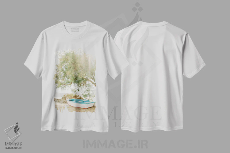 تیشرت سفید طرح دار فرار به جزیره ی یونانی، مدیوم اثر جاستین میلتون | immage.ir