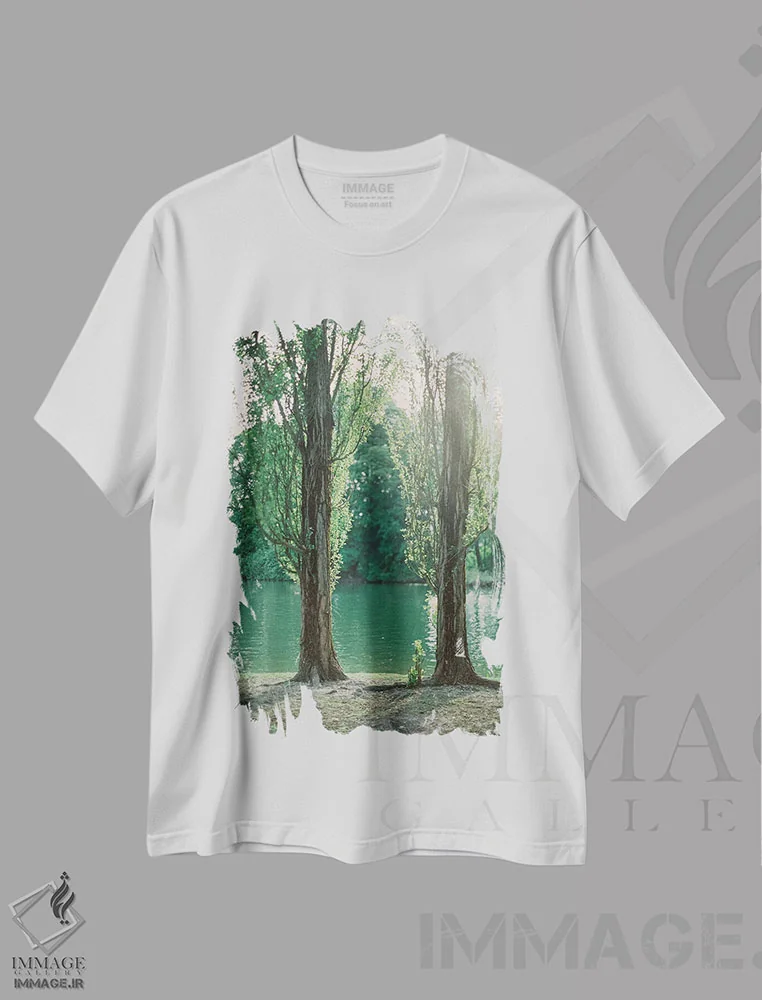 تیشرت سفید طرح دار درختان کنار دریاچه، مدیوم اثر جاستین میلتون | فروشگاه ایماژ