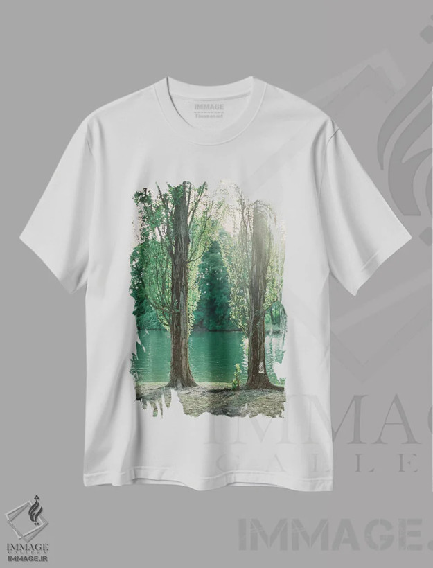 تیشرت سفید طرح دار درختان کنار دریاچه، مدیوم اثر جاستین میلتون | فروشگاه ایماژ