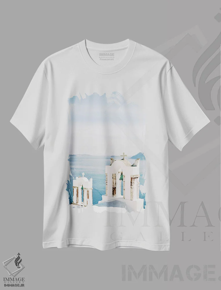 تیشرت سفید طرح دار کالدرا سانتورینی، مدیوم اثر جاستین میلتون | فروشگاه ایماژ