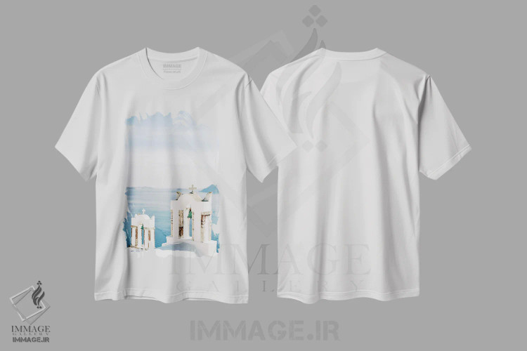 تیشرت سفید طرح دار کالدرا سانتورینی، مدیوم اثر جاستین میلتون | فروشگاه ایماژ