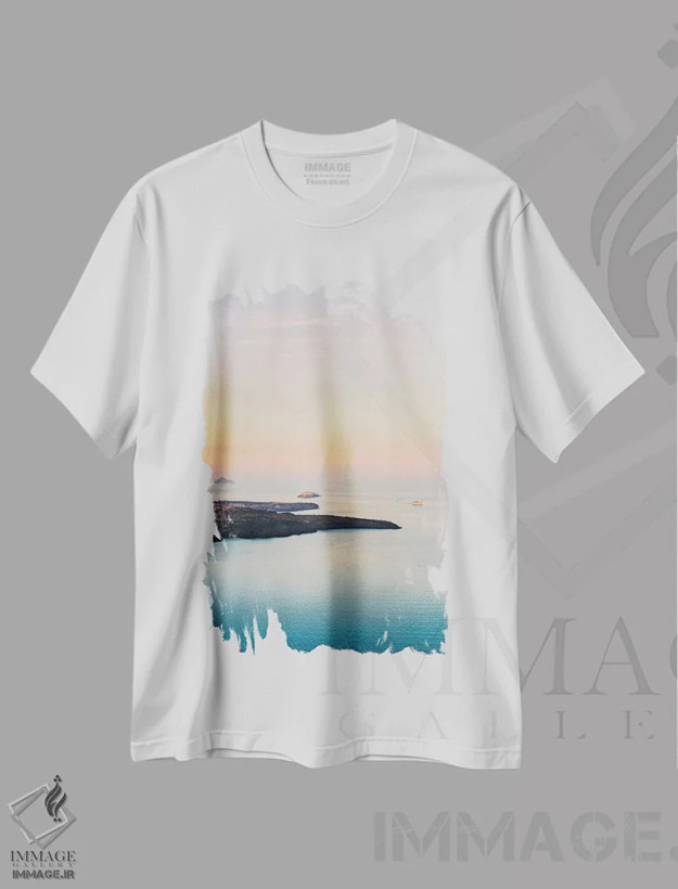 تیشرت سفید طرح دار غروب کالدرای سانتورینی، مدیوم اثر جاستین میلتون | فروشگاه ایماژ