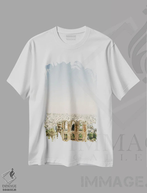 تیشرت سفید طرح دار ویرانه های یونانی در شهر، مدیوم اثر جاستین میلتون | immage.ir