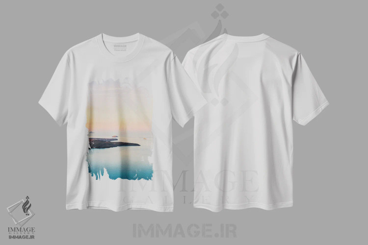 تیشرت سفید طرح دار غروب کالدرای سانتورینی، مدیوم اثر جاستین میلتون | فروشگاه ایماژ