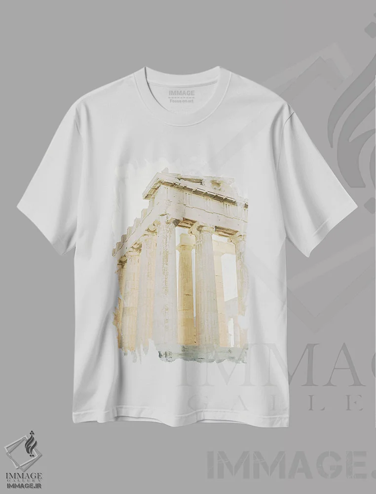 تیشرت سفید طرح دار ویرانه های یونانی در ساعت طلایی، مدیوم اثر جاستین میلتون | immage.ir