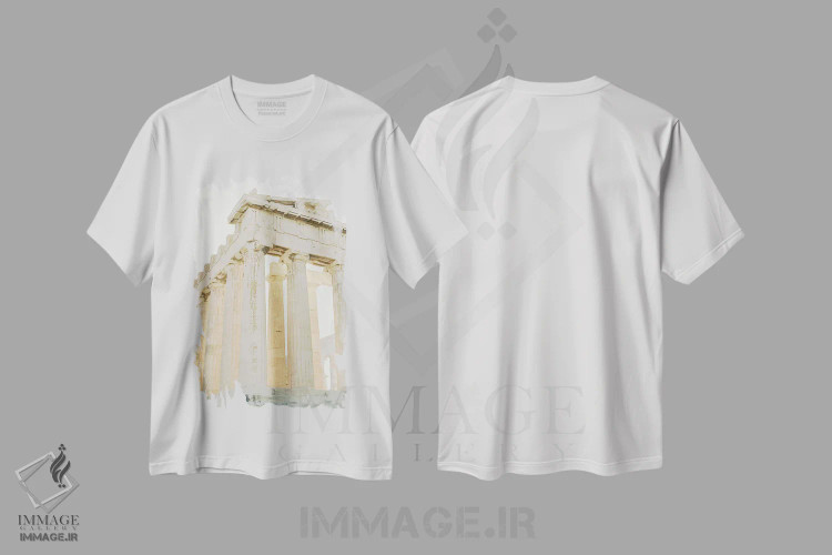 تیشرت سفید طرح دار ویرانه های یونانی در ساعت طلایی، مدیوم اثر جاستین میلتون | immage.ir
