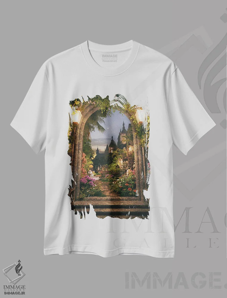 تیشرت سفید طرح دار ورودی قلعه، عکاسی ترکیبی اثر جیمز ترالی | فروشگاه ایماژ