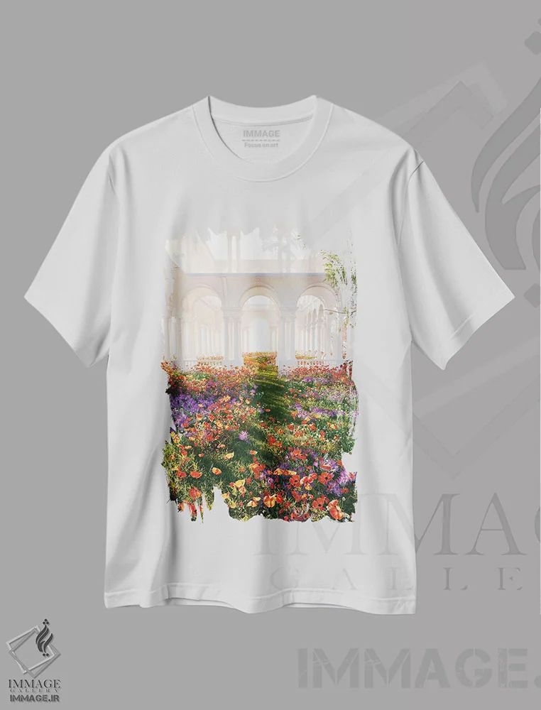 تیشرت سفید طرح دار سرزمین رؤیایی گل ها، عکاسی ترکیبی اثر جیمز ترالی | immage.ir