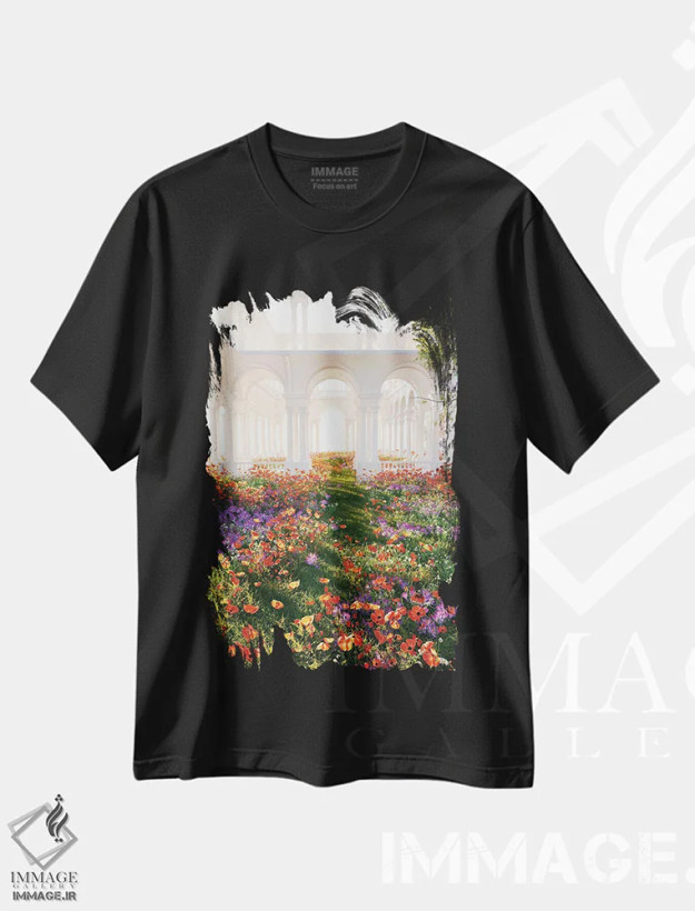 تیشرت مشکی طرح دار سرزمین رؤیایی گل ها، عکاسی ترکیبی اثر جیمز ترالی | فروشگاه ایماژ