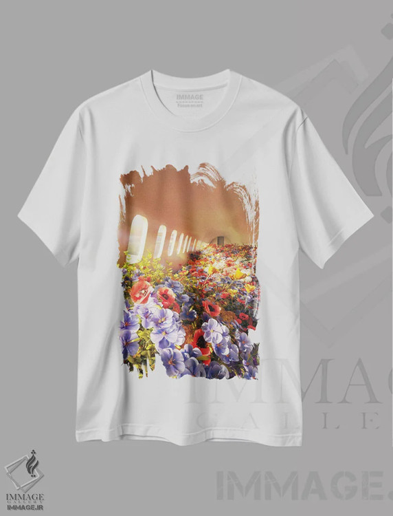 تیشرت سفید طرح دار پرواز گل ها، عکاسی ترکیبی اثر جیمز ترالی | فروشگاه ایماژ