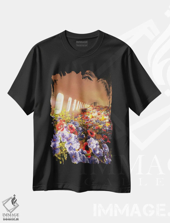 تیشرت مشکی طرح دار پرواز گل ها، عکاسی ترکیبی اثر جیمز ترالی | immage.ir