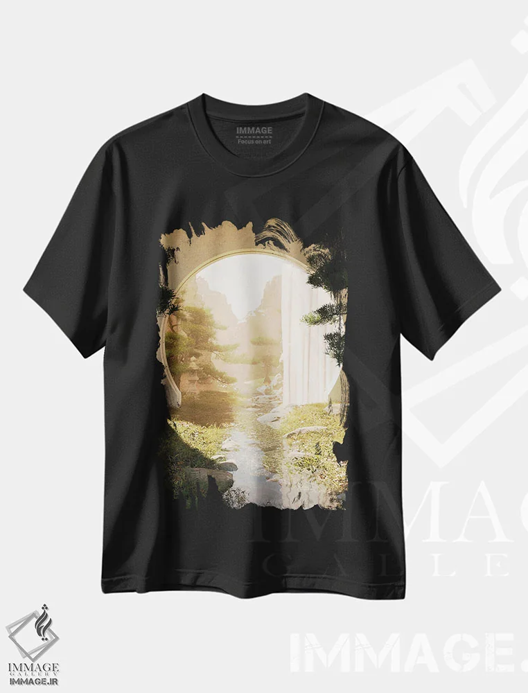 تیشرت مشکی طرح دار منظره رودخانه در ژاپن، دکور آسیایی اثر جیمز ترالی | فروشگاه ایماژ