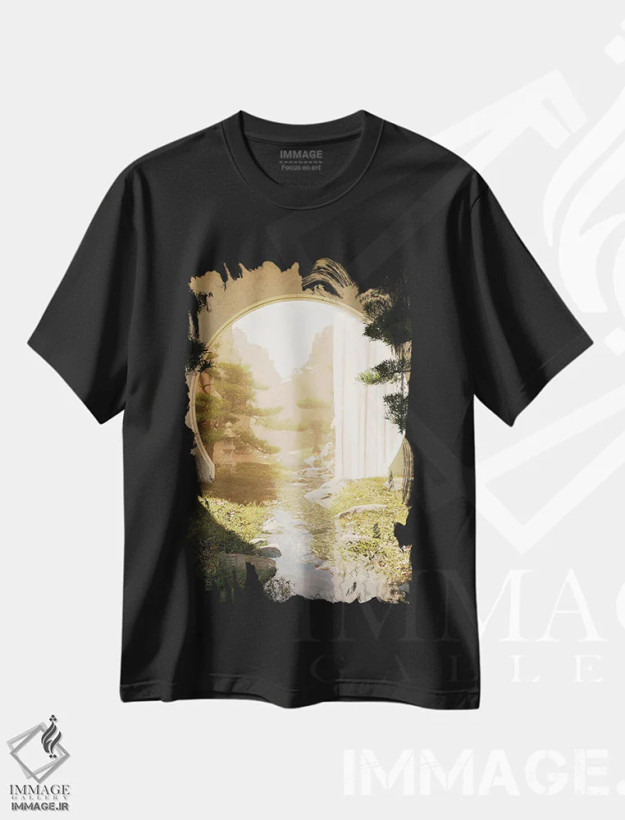 تیشرت مشکی طرح دار منظره رودخانه در ژاپن، دکور آسیایی اثر جیمز ترالی | فروشگاه ایماژ