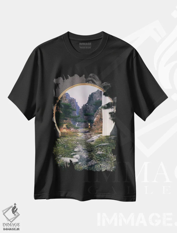 تیشرت مشکی طرح دار منظره رودخانه در ژاپن، دکور آسیایی اثر جیمز ترالی | immage.ir