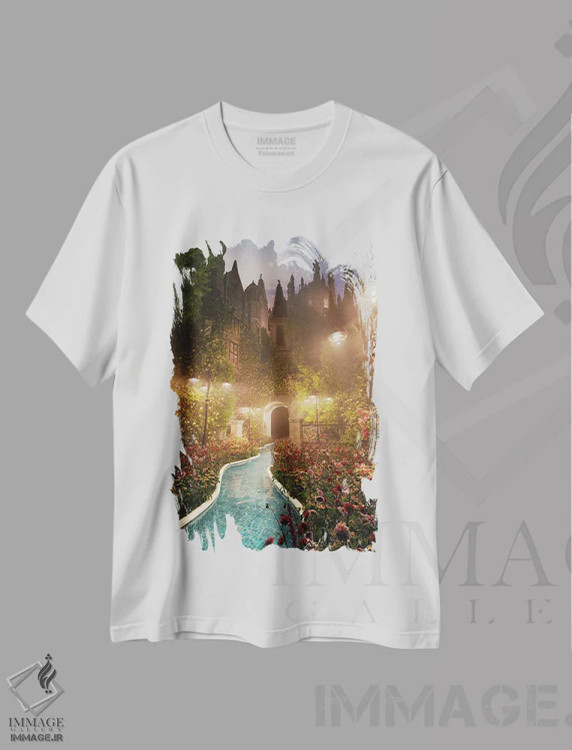 تیشرت سفید طرح دار رودخانه آرام قلعه، عکاسی ترکیبی اثر جیمز ترالی | فروشگاه ایماژ