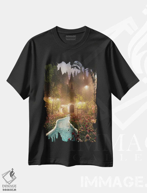 تیشرت مشکی طرح دار رودخانه آرام قلعه، عکاسی ترکیبی اثر جیمز ترالی | immage.ir