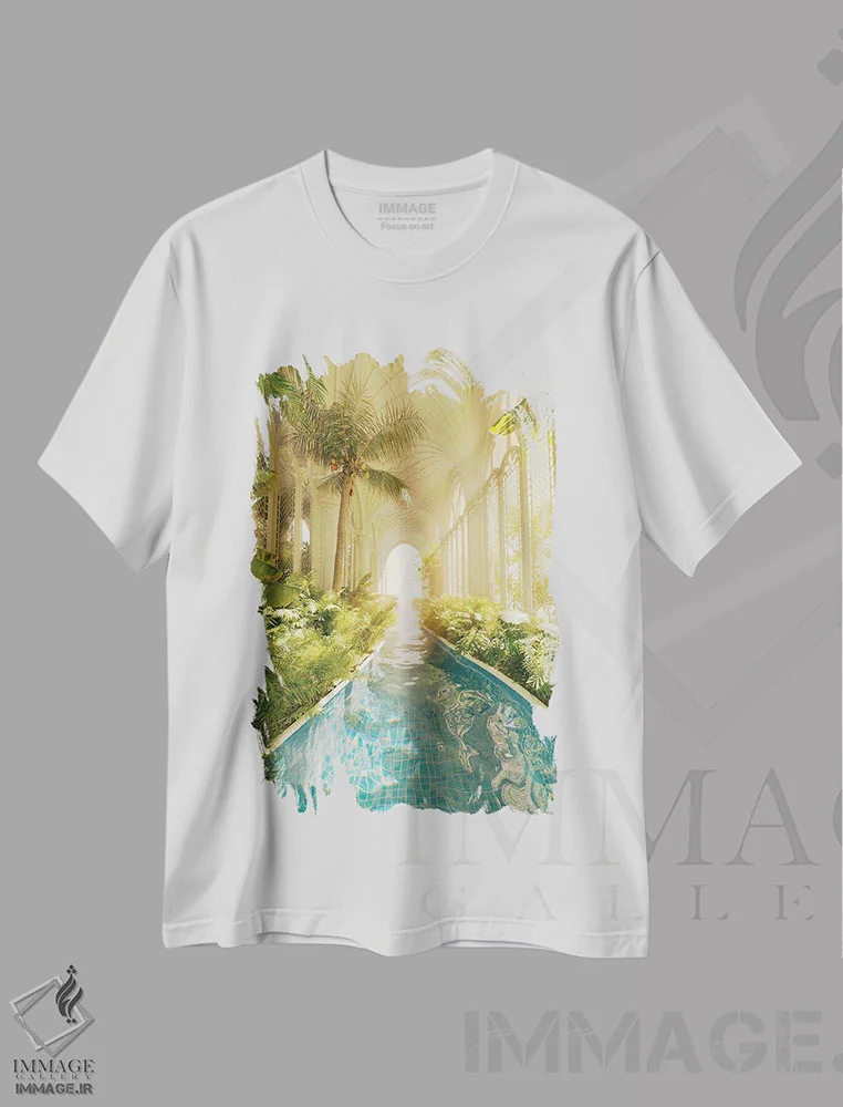تیشرت سفید طرح دار رودخانه آرام کلیسایی، عکاسی ترکیبی اثر جیمز ترالی | immage.ir