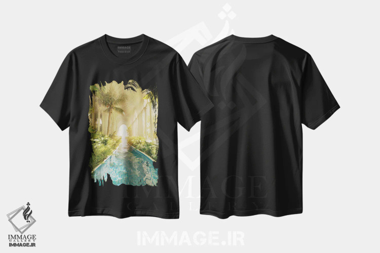 تیشرت مشکی طرح دار رودخانه آرام کلیسایی، عکاسی ترکیبی اثر جیمز ترالی | فروشگاه ایماژ