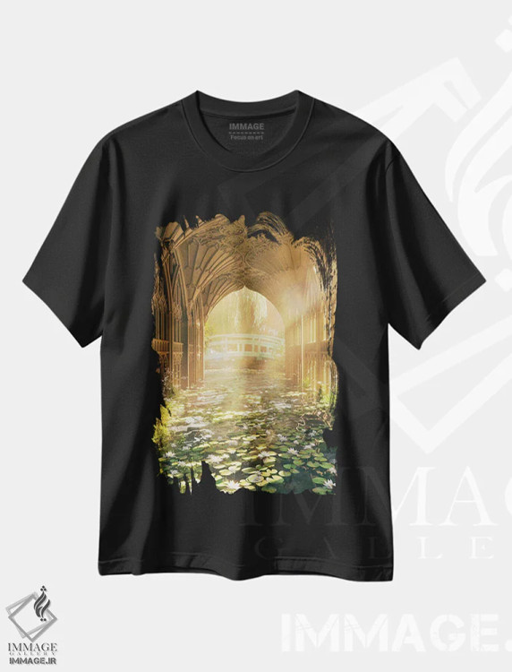تیشرت مشکی طرح دار کلیسای نیلوفر آبی، عکاسی ترکیبی اثر جیمز ترالی | فروشگاه ایماژ