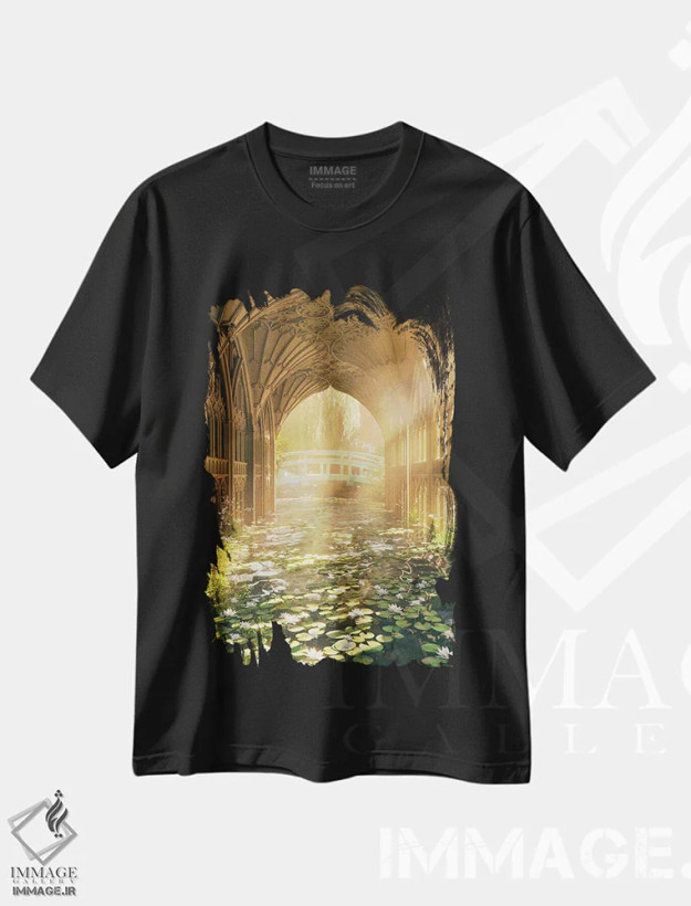 تیشرت مشکی طرح دار کلیسای نیلوفر آبی، عکاسی ترکیبی اثر جیمز ترالی | فروشگاه ایماژ