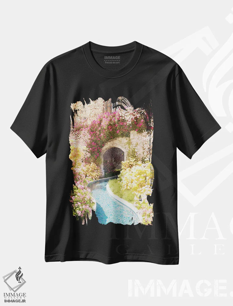 تیشرت مشکی طرح دار کلیسای رودخانه گل ها، عکاسی ترکیبی اثر جیمز ترالی | immage.ir