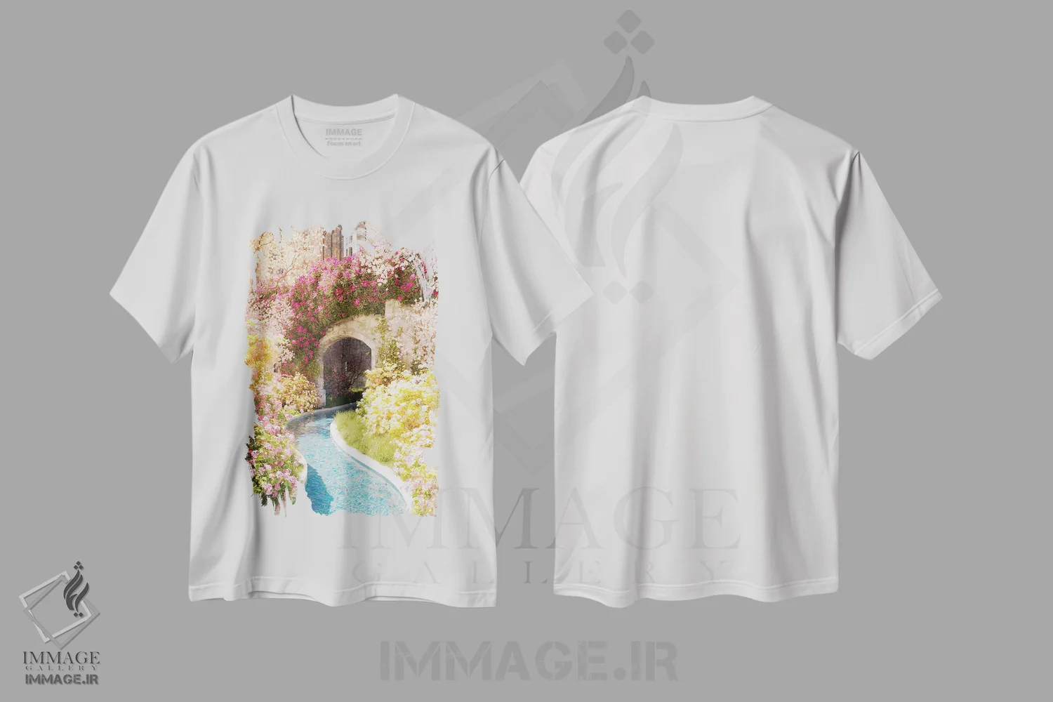 تیشرت سفید طرح دار کلیسای رودخانه گل ها، عکاسی ترکیبی اثر جیمز ترالی | فروشگاه ایماژ