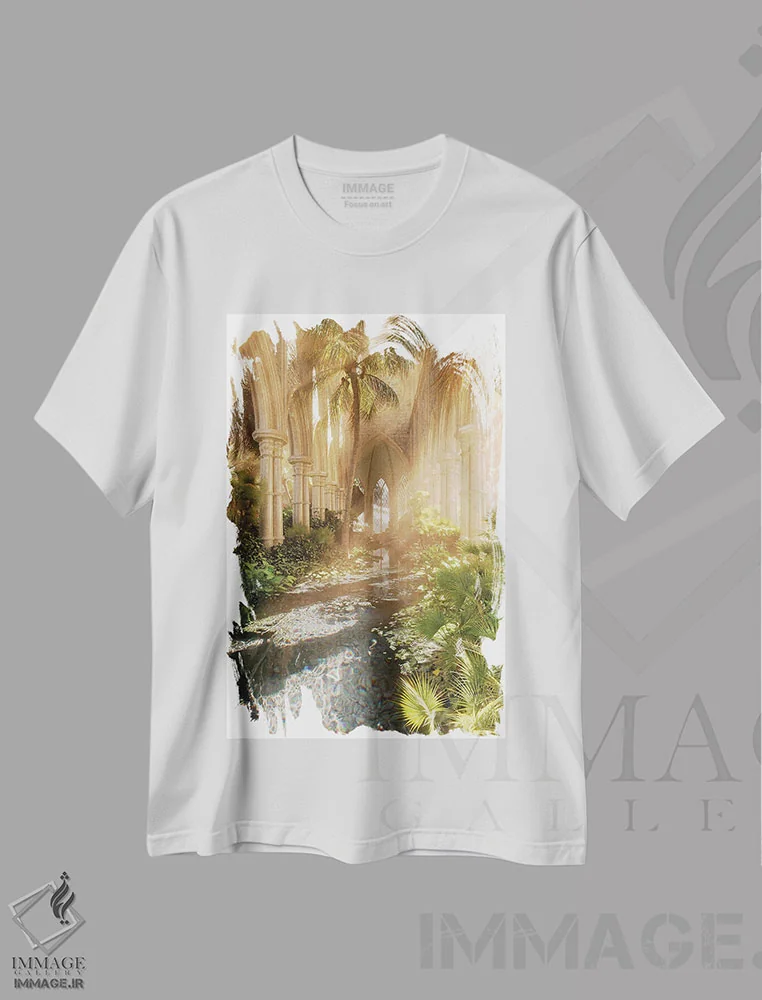 تیشرت سفید طرح دار کلیسای بهشت گل ها، عکاسی ترکیبی اثر جیمز ترالی | immage.ir