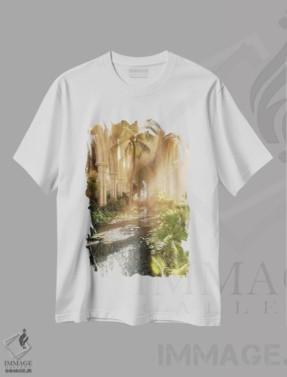 تیشرت سفید طرح دار کلیسای بهشت تابستانی، عکاسی ترکیبی اثر جیمز ترالی | فروشگاه ایماژ