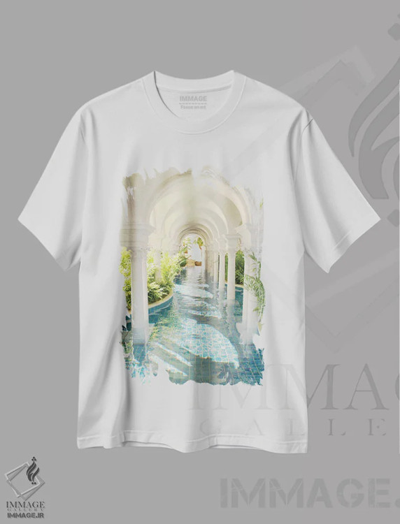 تیشرت سفید طرح دار سرزمین رؤیایی استخر طاق دار، عکاسی ترکیبی اثر جیمز ترالی | immage.ir