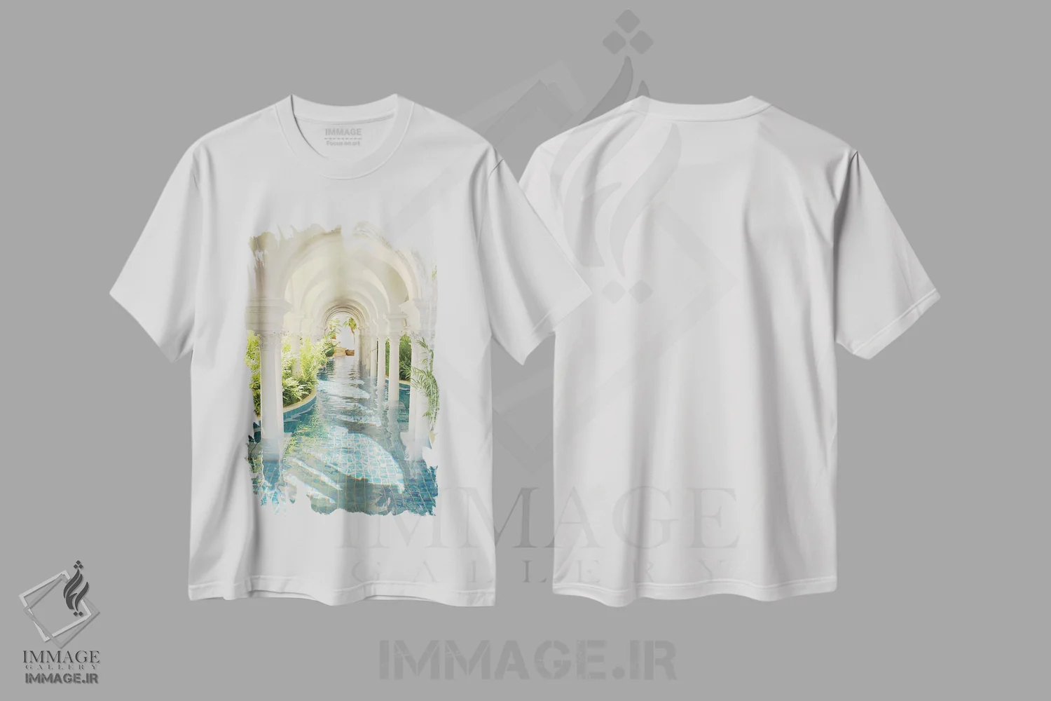 تیشرت سفید طرح دار سرزمین رؤیایی استخر طاق دار، عکاسی ترکیبی اثر جیمز ترالی | immage.ir
