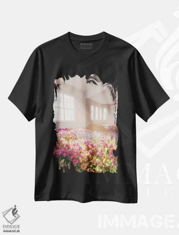 تیشرت مشکی طرح دار بهار در فضای داخلی، عکاسی ترکیبی اثر جیمز ترالی | فروشگاه ایماژ