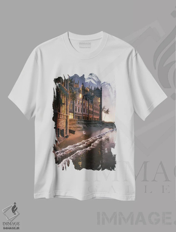 تیشرت سفید طرح دار ساحل قلعه، دکور ساحلی اثر جیمز ترالی | فروشگاه ایماژ