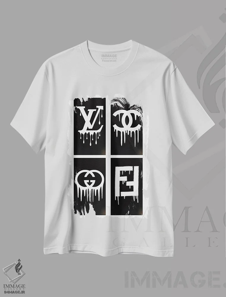 تیشرت سفید طرح دار لوگوهای چکیده شنل و دیگر طرح ها، هنر دیجیتال سیاه و سفید اثر جولی شریبر | immage.ir