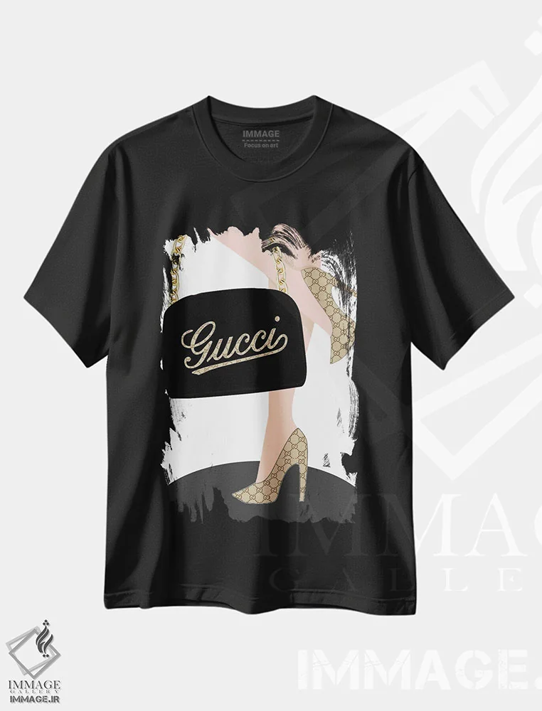 تیشرت مشکی طرح دار کفش های طرح گوچی و کیف دستی گوچی، هنر دیجیتال اثر جولی شریبر | فروشگاه ایماژ
