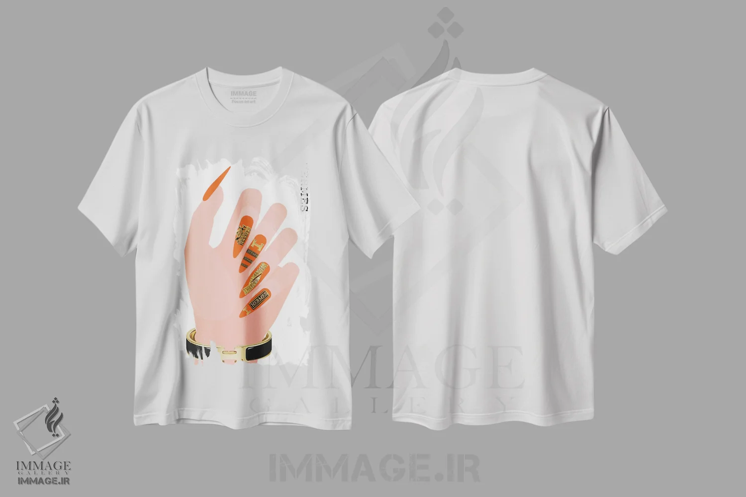 تیشرت سفید طرح دار ناخن های بلند هرمس، دکوراسیون جایگزین اثر جولی شریبر | فروشگاه ایماژ