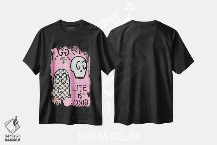 تیشرت مشکی طرح دار زندگی یعنی گوچی، هنر دیجیتال اثر جولی شریبر | فروشگاه ایماژ