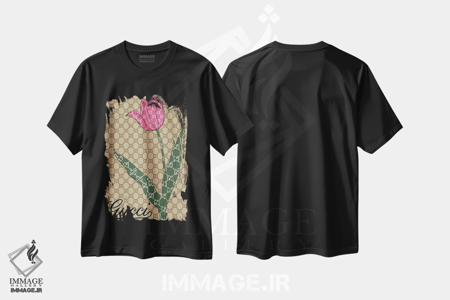 تیشرت مشکی طرح دار گل گوچی، هنر دیجیتال اثر جولی شریبر | فروشگاه ایماژ